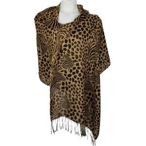 Animal Cheetah Print Fringe Scarf Wrap Mobwife Black Tan Lightweight Stripe